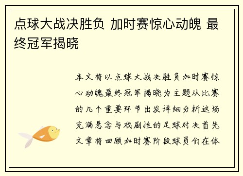 点球大战决胜负 加时赛惊心动魄 最终冠军揭晓