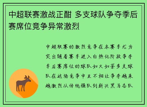 中超联赛激战正酣 多支球队争夺季后赛席位竞争异常激烈